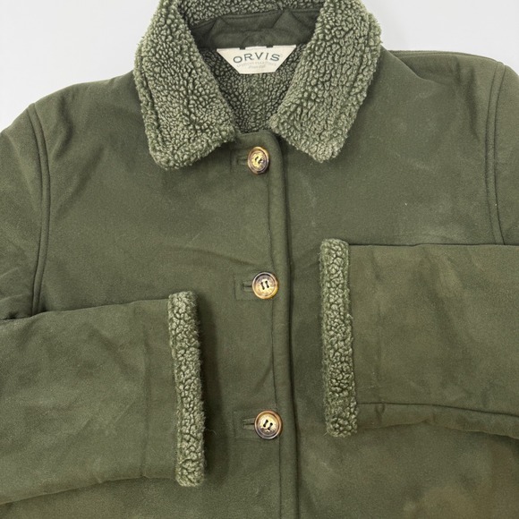 Orvis Jackets & Blazers - Orvis Womens Olive Green Faux Suede Sherpa Trim Button Front Jacket Small FLAW